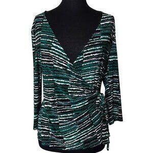 Black Label by Evan-Picone Low V-neck Wrap Blouse Green Geometric Women's Size S